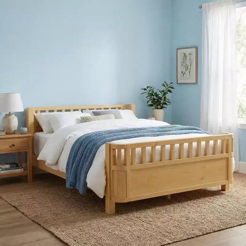 JVNOXK Full Size Wood Platform Bed for Kids, Low Profile Natural Wooden Bed with Safety Rails for Boys & Girls