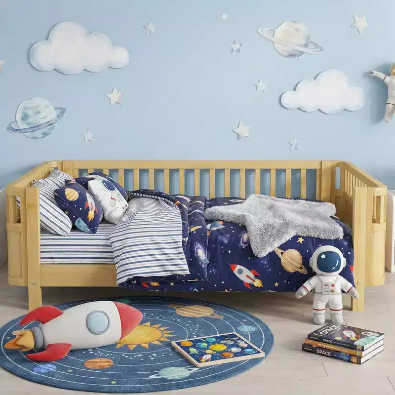 JVNOXK Full Size Wood Platform Bed for Kids, Low Profile Natural Wooden Bed with Safety Rails for Boys & Girls