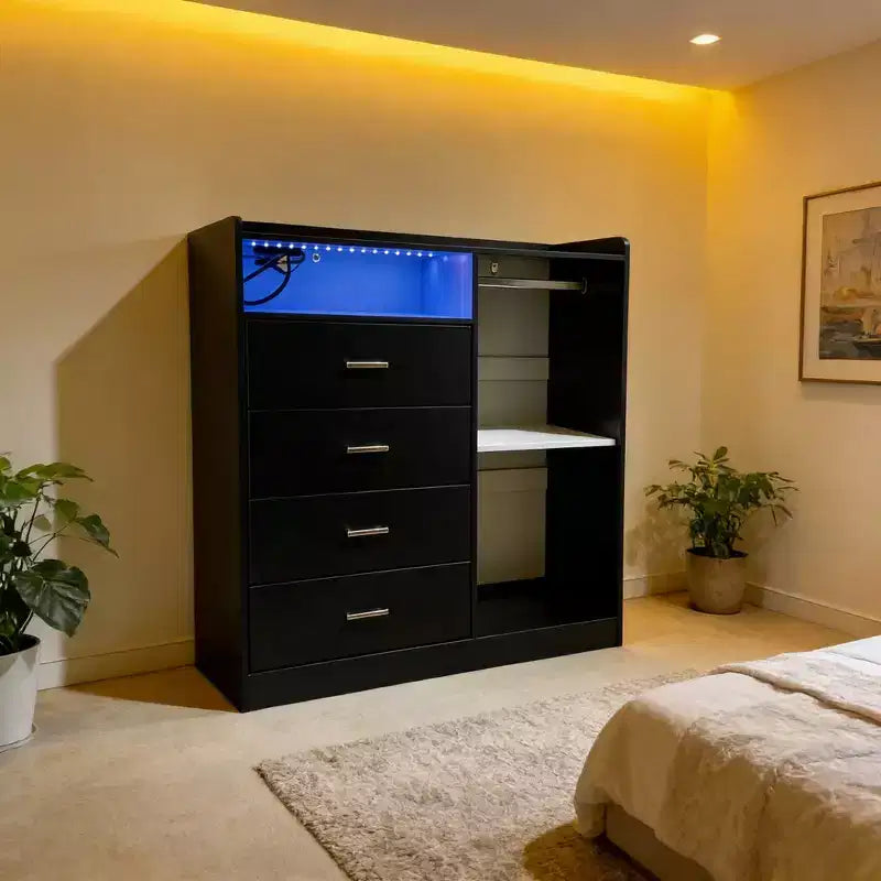 GustoWave Modern LED Dresser With Open Wardrobe, 4 Drawers, And Space-Saving Design