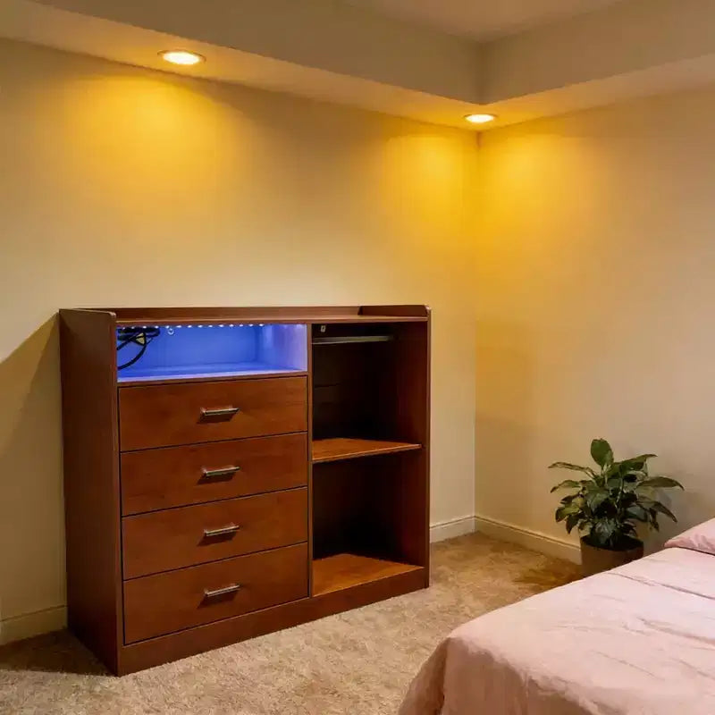 GustoWave Modern LED Dresser With Open Wardrobe, 4 Drawers, And Space-Saving Design
