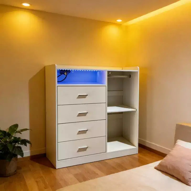 GustoWave Modern LED Dresser With Open Wardrobe, 4 Drawers, And Space-Saving Design