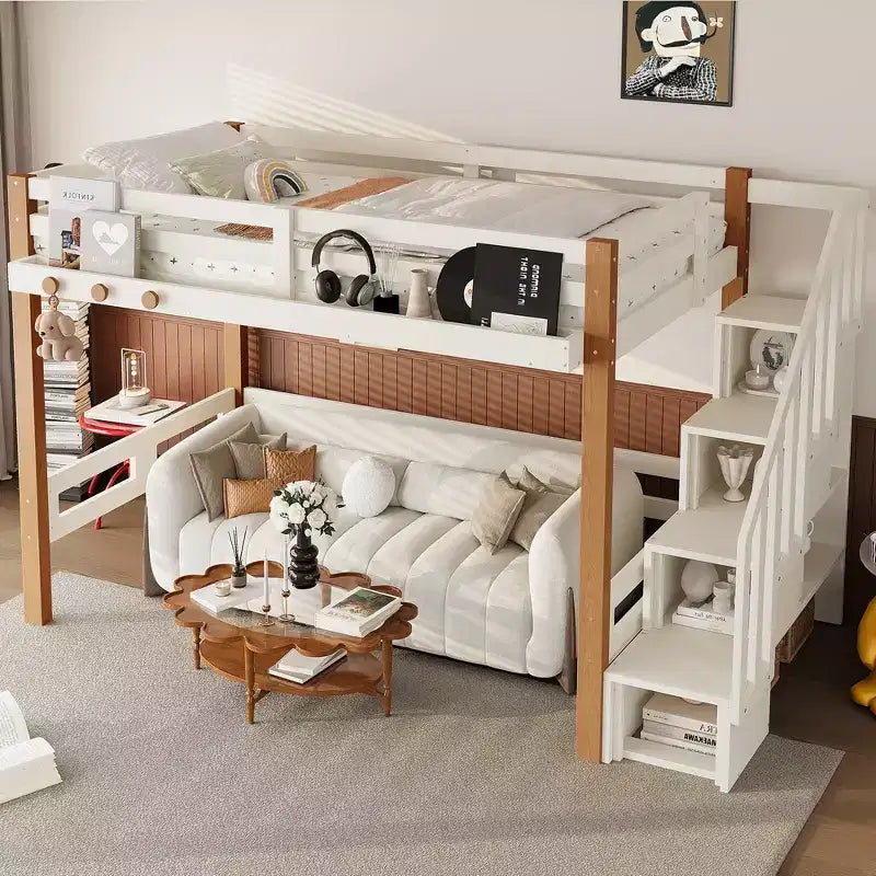 GDFStudio Landy Modern Loft Bed with Clothes Hook, Storage Shelves and Underbed Space