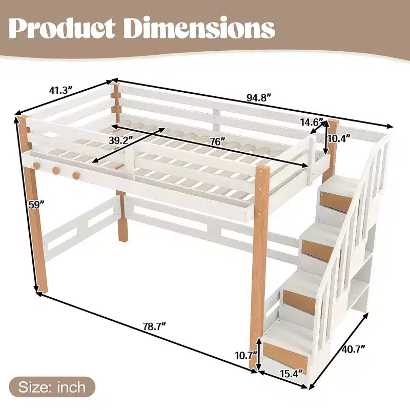 GDFStudio Landy Modern Loft Bed with Clothes Hook, Storage Shelves and Underbed Space