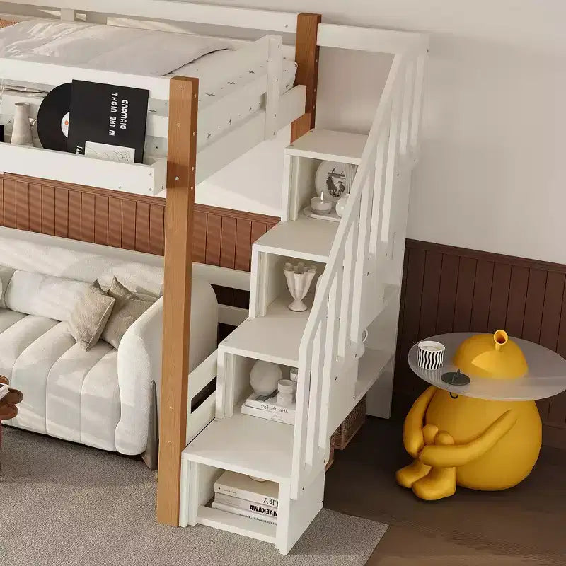 GDFStudio Landy Modern Loft Bed with Clothes Hook, Storage Shelves and Underbed Space