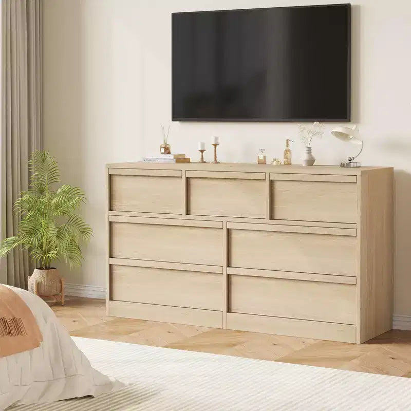 54 Wide Natural Oak 7-Drawer Dresser for Bedroom, Wooden Chest of Drawers with Large Storage, Closet Organizer Cabinet Furniture for Living Room