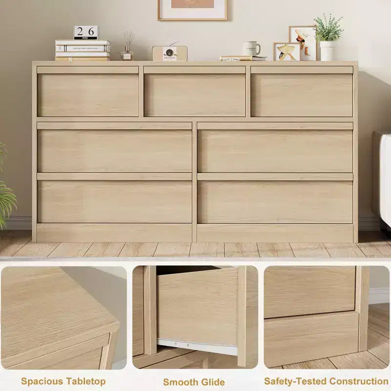 54 Wide Natural Oak 7-Drawer Dresser for Bedroom, Wooden Chest of Drawers with Large Storage, Closet Organizer Cabinet Furniture for Living Room
