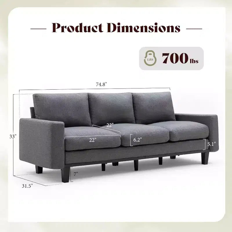 AMERLIFE 3 Seater Sofa 74.8in Deep Seat Couch with Metal Frame Support