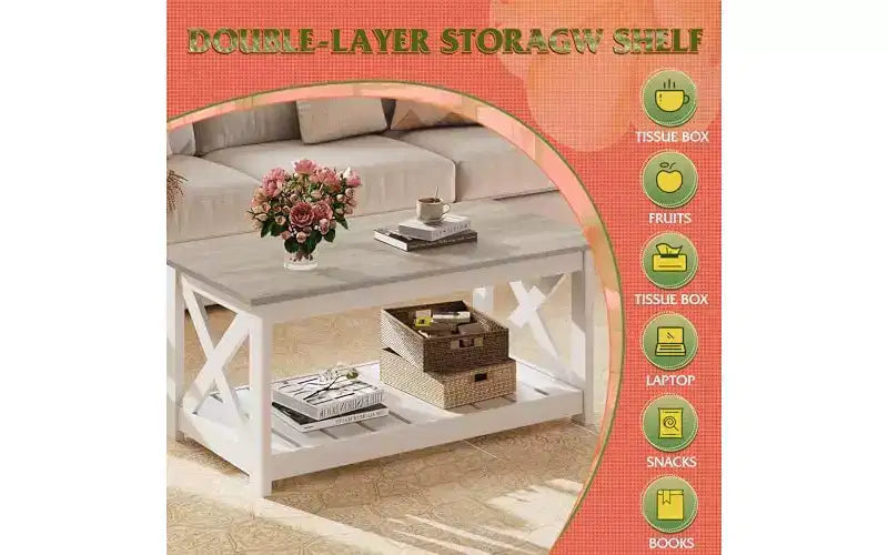 DEXYLLO Farmhouse Coffee Table for Living Room, 40.1 Rustic Center Table with X-Frame Support & Storage Shelf
