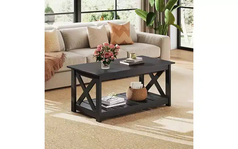 DEXYLLO Farmhouse Coffee Table for Living Room, 40.1 Rustic Center Table with X-Frame Support & Storage Shelf