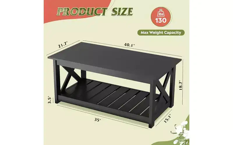 DEXYLLO Farmhouse Coffee Table for Living Room, 40.1 Rustic Center Table with X-Frame Support & Storage Shelf