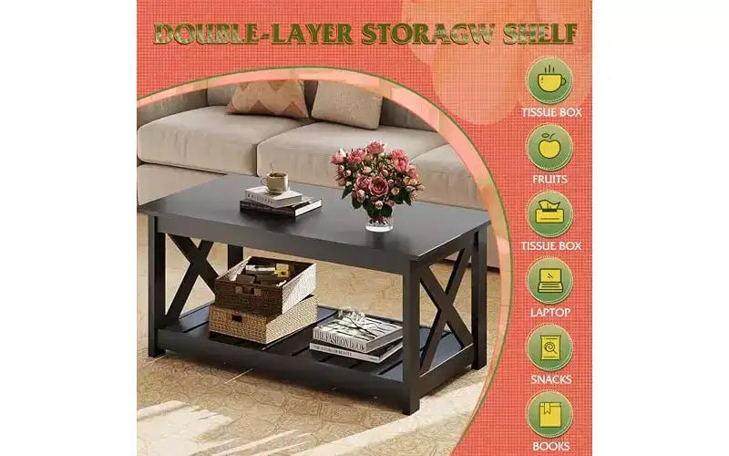 DEXYLLO Farmhouse Coffee Table for Living Room, 40.1 Rustic Center Table with X-Frame Support & Storage Shelf