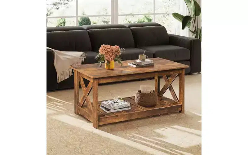 DEXYLLO Farmhouse Coffee Table for Living Room, 40.1 Rustic Center Table with X-Frame Support & Storage Shelf