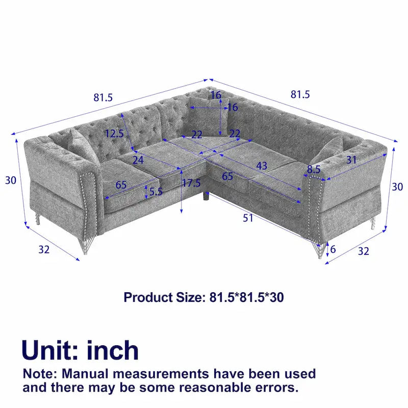 81.5 Chesterfield Chenille L-Shaped Corner Sectional Sofa with Tufted Backrest