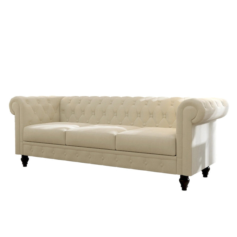 Elegant Beige Chesterfield Sofa - 3-Seater Velvet with Tufted Buttons & Wooden Legs