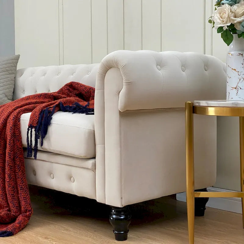 Elegant Beige Chesterfield Sofa - 3-Seater Velvet with Tufted Buttons & Wooden Legs