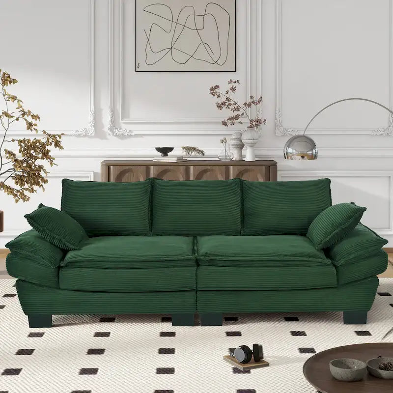 85.4 Modern Curved Sofa, Back Upholstered Couch with 2 Decorative Throw Pillows, Corduroy Fabric Couch