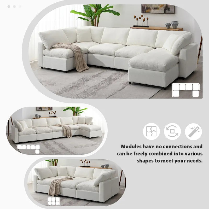 6 Seat Modern Modular Cloud Sofa Bed Chenille Sectional Couch Set with Ottoman