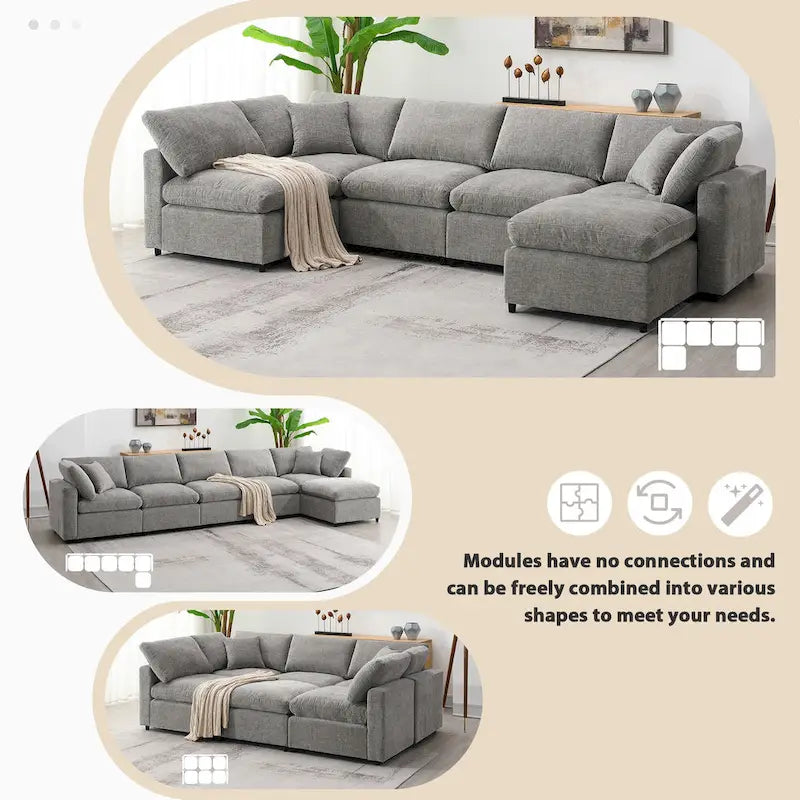 6 Seat Modern Modular Cloud Sofa Bed Chenille Sectional Couch Set with Ottoman