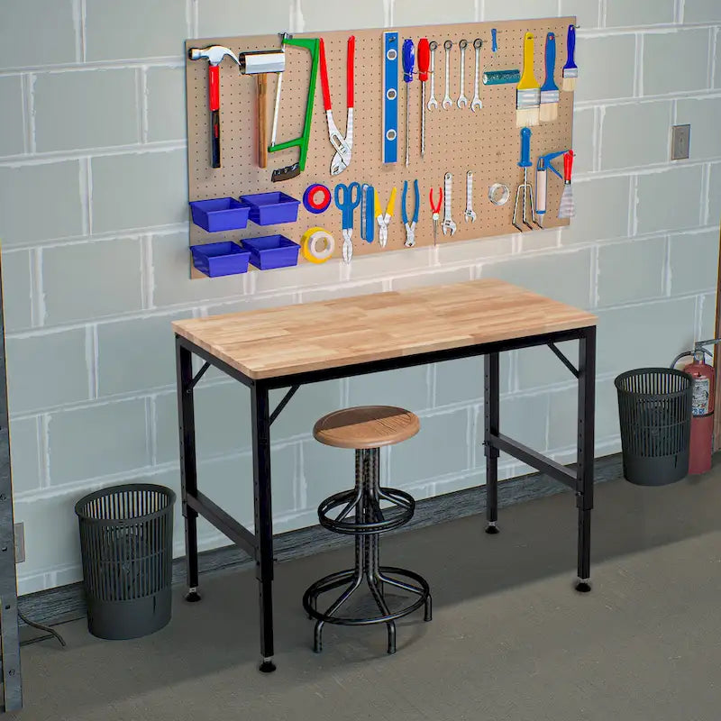 Industrial Workbench Desk with Adjustable Height and Wood Top and 4 Metal Feet for Garage and Workshop or Home Use