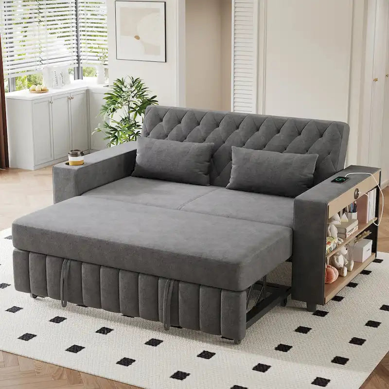 Transformable Chenille Fabric Sofa Bed with Adjustable Tufted Backrest, USB Ports, and Ample Storag