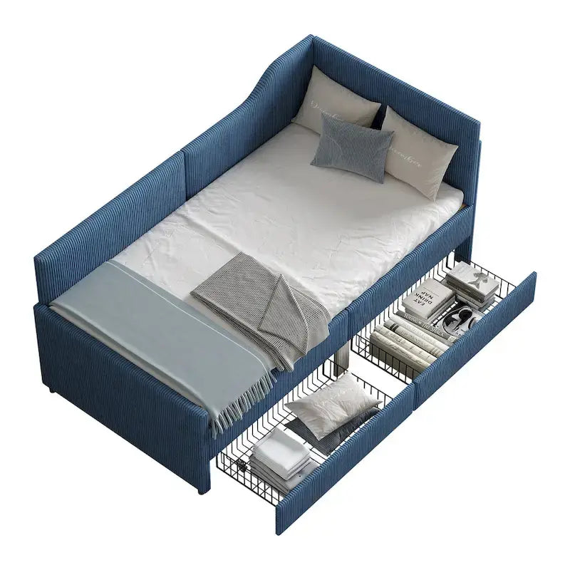 Twin Size L-Shaped Corduroy Daybed,Upholstered Bed Frame with 2 Storage Drawers, Beige