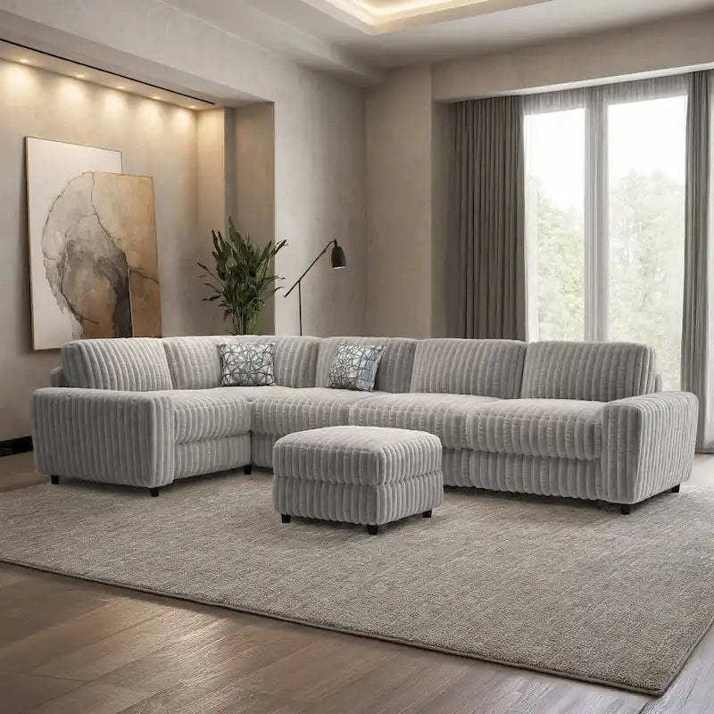 Veyron Furry Channel Fabric Down-filled L-Shape 4-Seat Modular Sectional Sofa with Ottoman by iNSPIRE Q Modern