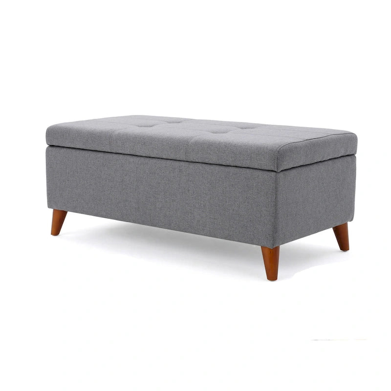 Storage Ottoman Bench, Gray Fabric Cushions, Brown Wood Legs, 38 Inch