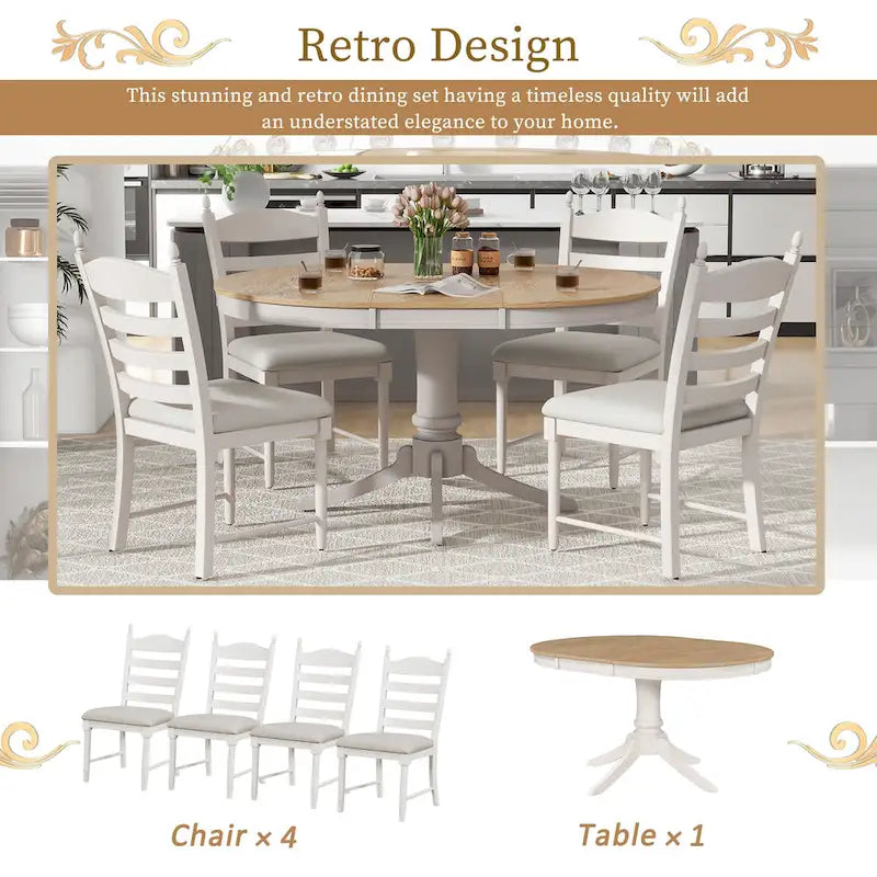 5 Piece Round Dining Table Set, Solid Wood Kitchen Table and Chair Set with Extendable Table and 4 Upholstered Chairs