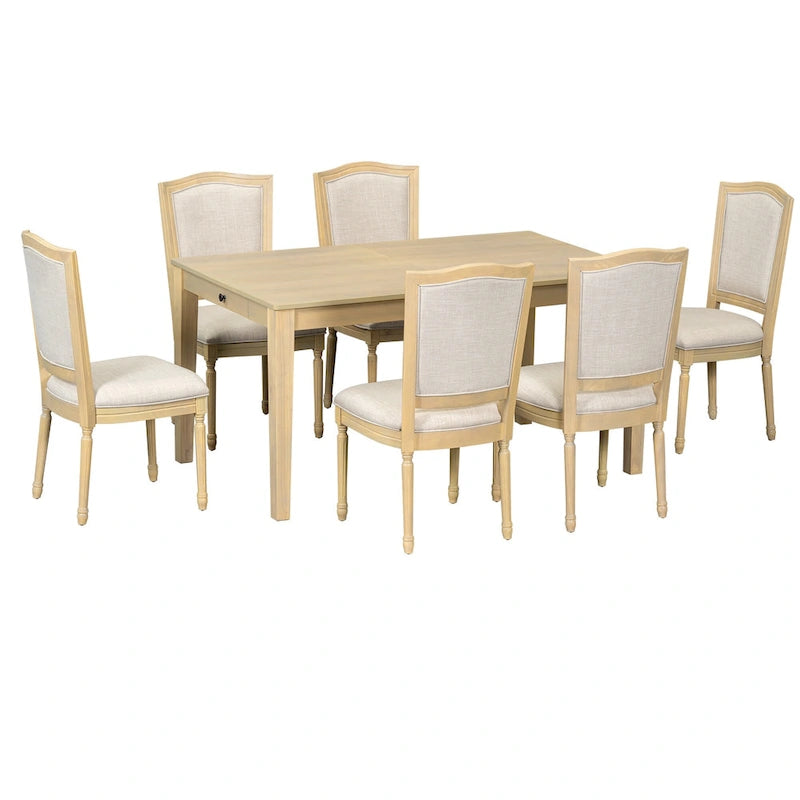 7 Pcs Dining Table Set, Solid Wood Table and Chairs Set with Extendable Dining Table, 2 Drawers and 6 Upholstered Chairs