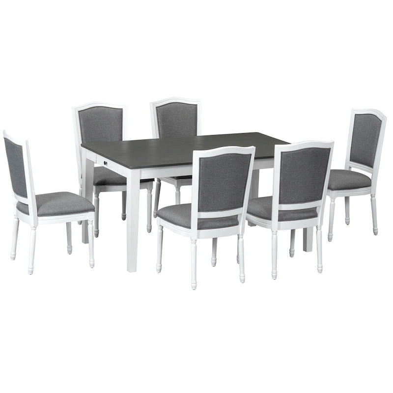 7 Pcs Dining Table Set, Solid Wood Table and Chairs Set with Extendable Dining Table, 2 Drawers and 6 Upholstered Chairs