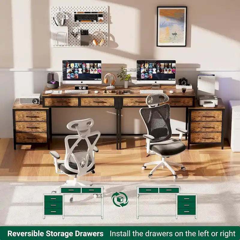 55 Computer Desk with 5 Fabric Drawers,Home Office Desk with Power Outlets  Printer Stand