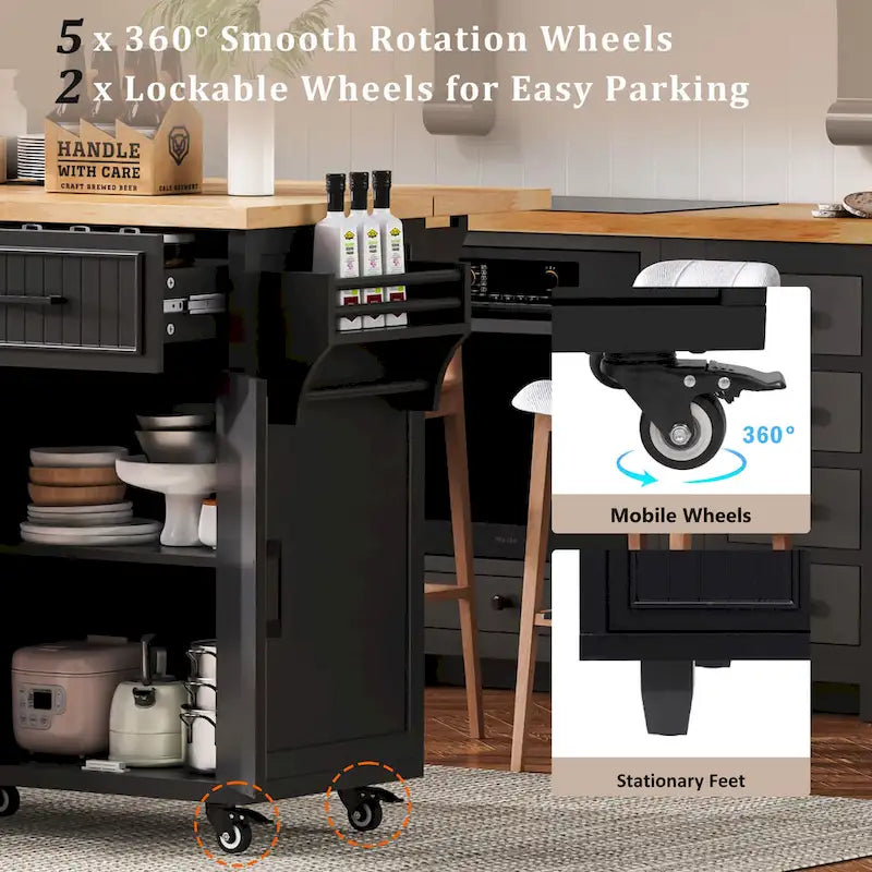 Kitchen Storage Island on Wheels with Drop Leaf & Power Outlet, 56.5 Kitchen Island with 4 Doors , 5 Deep Drawers