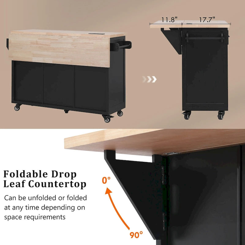 Kitchen Storage Island on Wheels with Drop Leaf & Power Outlet, 56.5 Kitchen Island with 4 Doors , 5 Deep Drawers