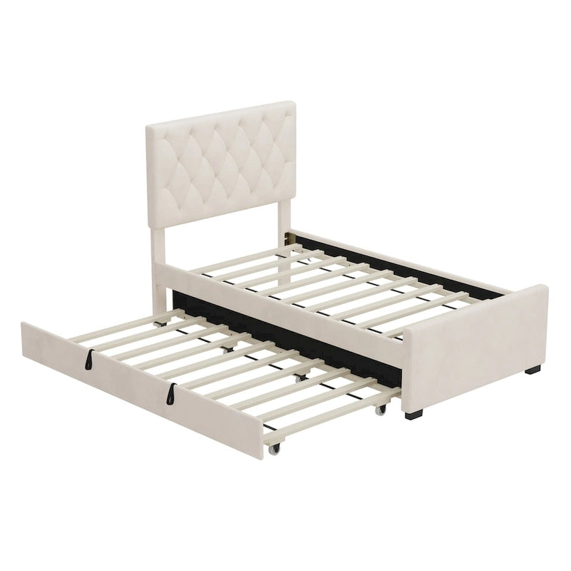 Twin Size Upholstered Platform Bed with Trundle and Adjustable Headboard Wingback Bed No Box Spring Needed Wood Slat Support Bed
