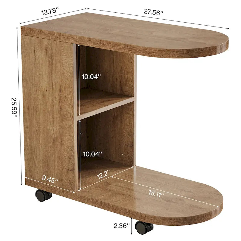 C Shaped Sofa Side Table, Mobile End Table with Storage