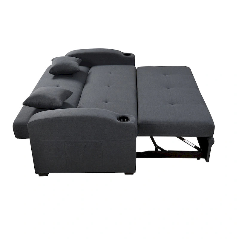Roomfitters 75 Inch 3 in 1 Convertible Modern Sofa with Convenient Pull Out Bed, Reclining Backrest, Cup Holders, Pillows