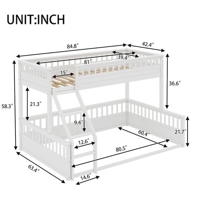 Twin XL over Queen Bunk Bed with Ladder and Guardrails, White