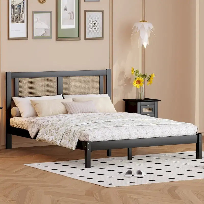 Modern Style Wooden Platform Bed with Natural Rattan Headboard for Bedroom