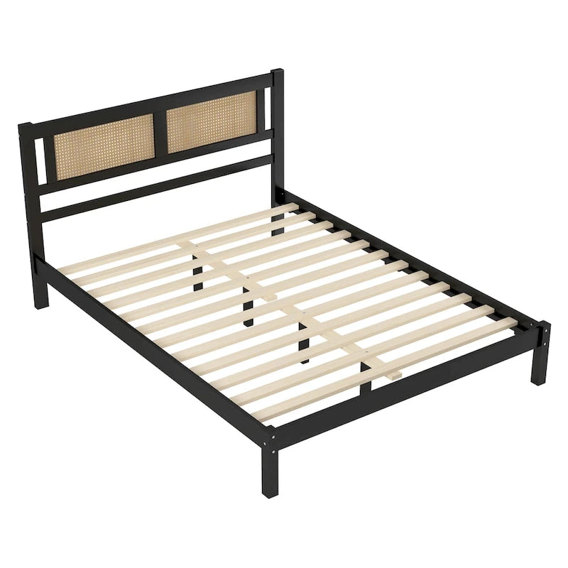Modern Style Wooden Platform Bed with Natural Rattan Headboard for Bedroom