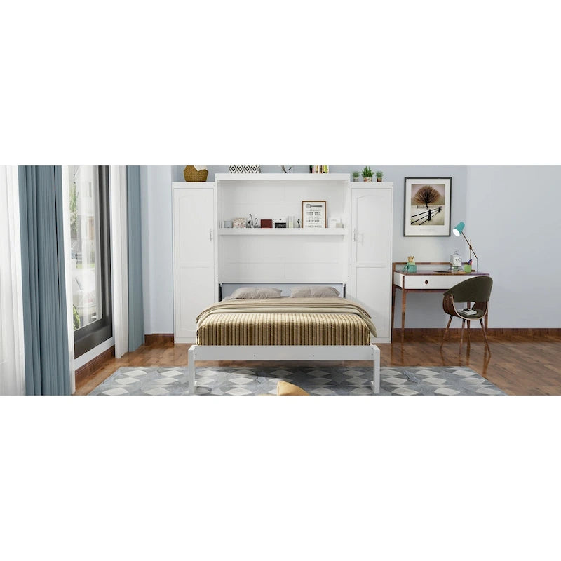 Queen Size Wood Murphy Bed with Two Wardrobe and Storage Shelf, Multifunctional Foldable Platform Bedframe