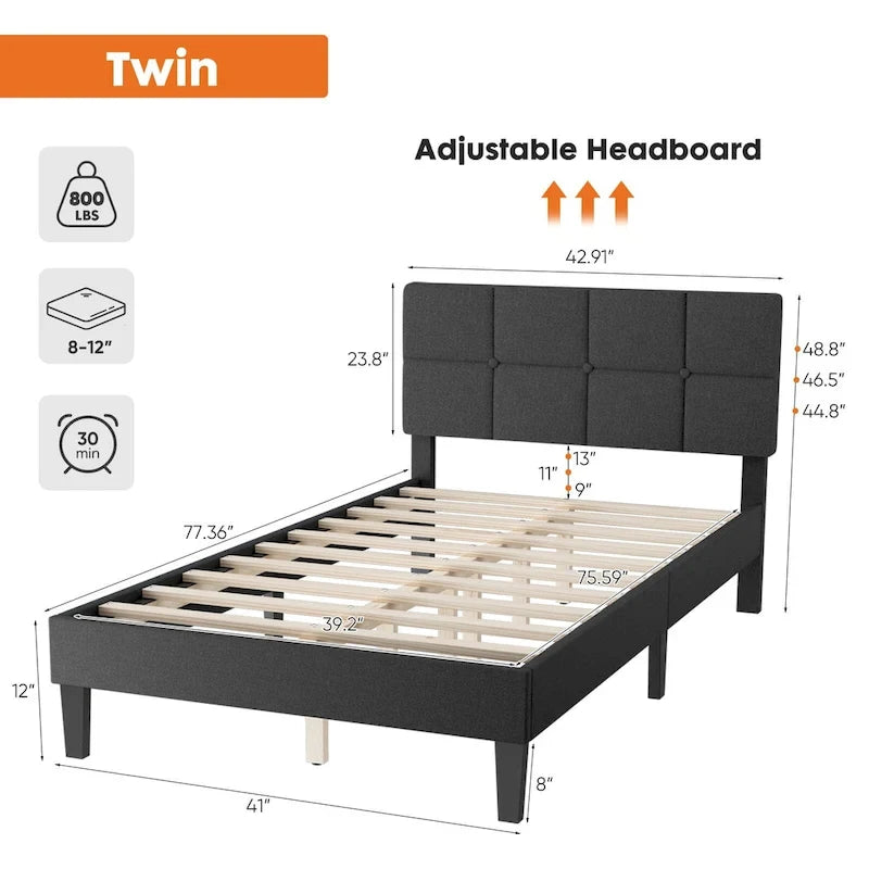 Linen Upholstered Platform Bed with Adjustable Headboard