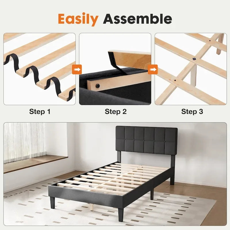 Linen Upholstered Platform Bed with Adjustable Headboard