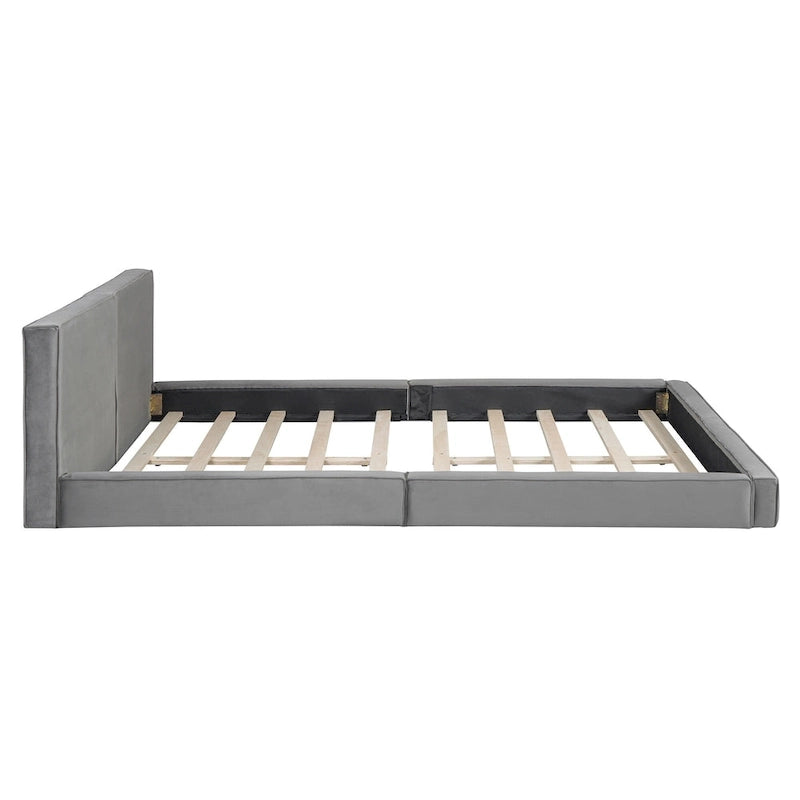 Gray Queen Size Upholstered Bed with Velvet Fabric