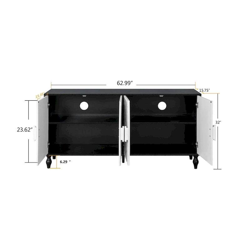 63 Accent TV Stand with Carved Doors & Wood Legs for Living Room