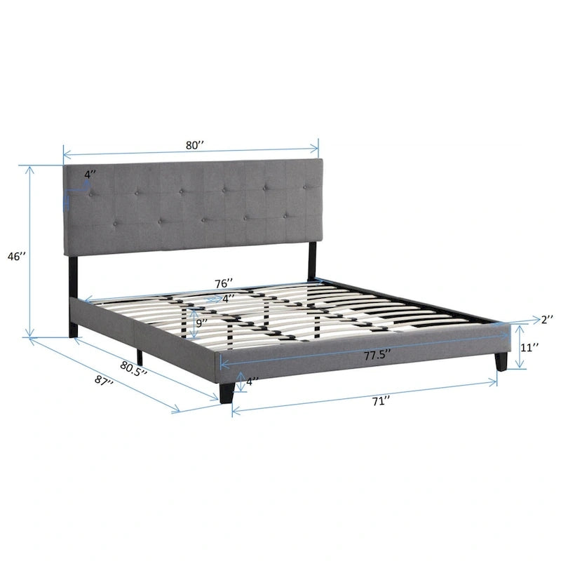 Grey King Linen Upholstered Platform Bed with Tufted Headboard, Strong Wood Slat Support - No Box Spring Needed