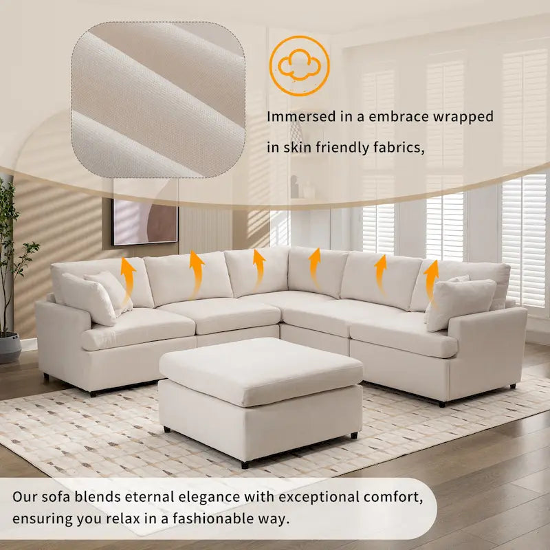 100.4 Spacious U-Shape 6 Seater Sectional Sofa with Removable Ottomans and Pillow, Flexible Configuration