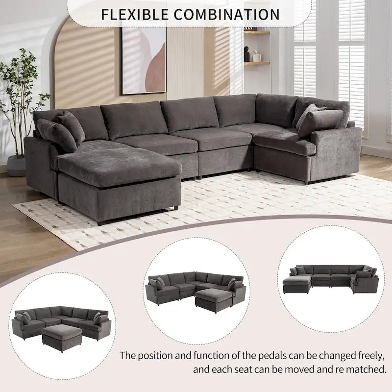 100.4 Spacious U-Shape 6 Seater Sectional Sofa with Removable Ottomans and Pillow, Flexible Configuration
