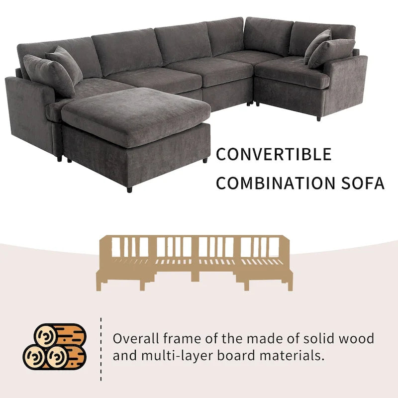 100.4 Spacious U-Shape 6 Seater Sectional Sofa with Removable Ottomans and Pillow, Flexible Configuration