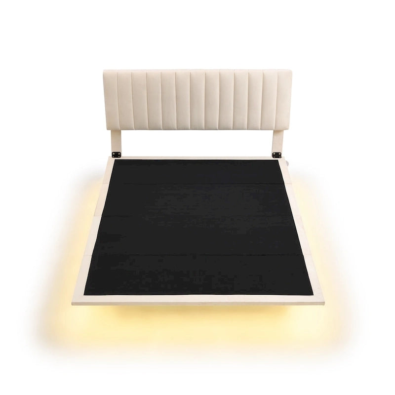 Queen Velvet Floating Bed with Sensor Light and Tufted Headboard