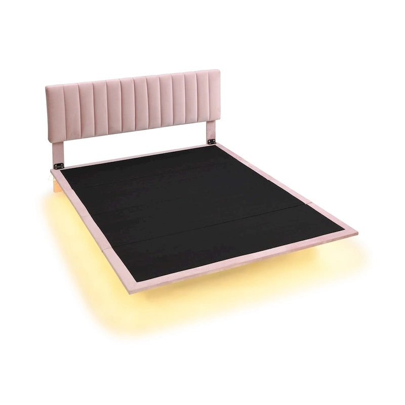 Queen Velvet Floating Bed with Sensor Light and Tufted Headboard